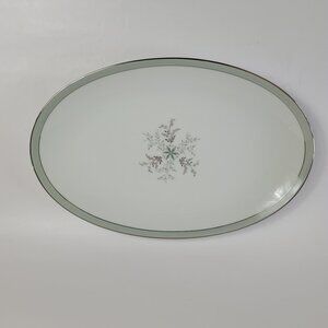 Noritake China Lucille 5813 Oval Serving Platter Green Platinum Flowers